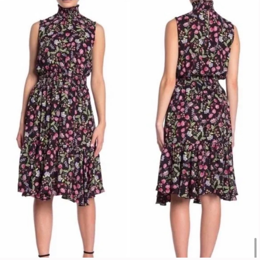 NWT Nanette Lepore Women’s High Neck Black and Pink Floral Midi Dress - size 6